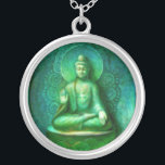 Green Buddha Meditation Kunst Rundung hängende Hal Versilberte Kette<br><div class="desc">Ein grüner Buddha schickt seine Segnungen,  während er in der Meditation sitzt.  Necklace reproduziert von der spirituellen Kunstmalerei "Green Buddha" von Sue Halstenberg.</div>