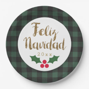 Green Buffalo Kariert Gold Feliz Navidad Pappteller