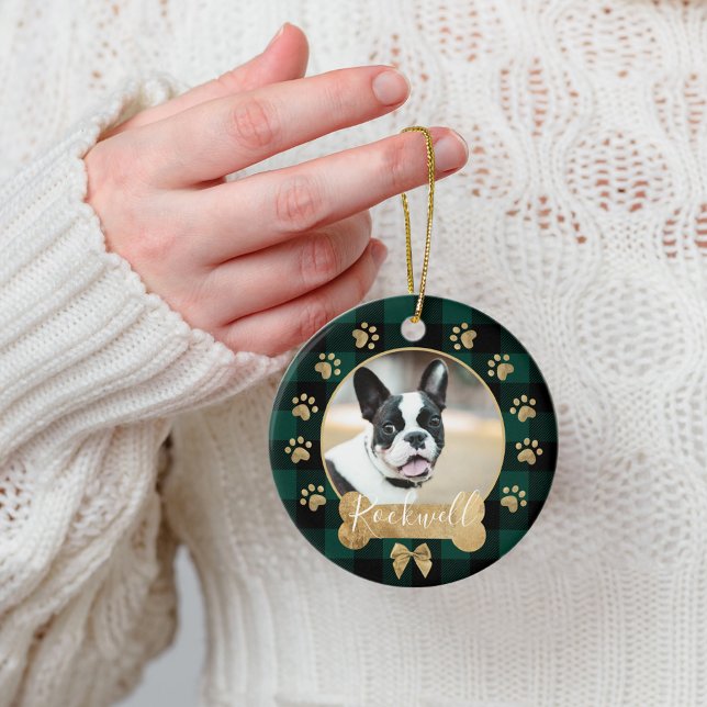 Green Buffalo Kariert Pattern Gold Bow Family Foto Keramik Ornament (Green Buffalo Plaid Pattern Gold Bow Family Photo Ceramic Ornament)