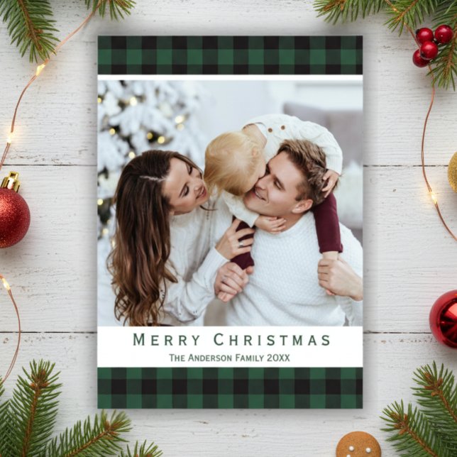Green Buffalo Kariert Rustic Frohe Weihnachten Fot (Green Buffalo Plaid Rustic Merry Christmas Photo Holiday Card)