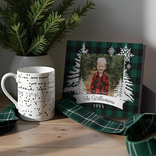 Green Buffalo Kariert Rustikales Pine Tree Family  Fotoplatte (Green Buffalo Plaid Rustic Pine Tree Family Photo Plaque)