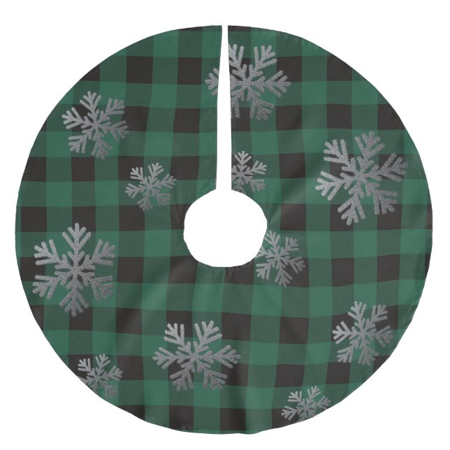 Green Buffalo Kariert Silver Glitzer Schneeflocken Polyester Weihnachtsbaumdecke (Vorderseite)