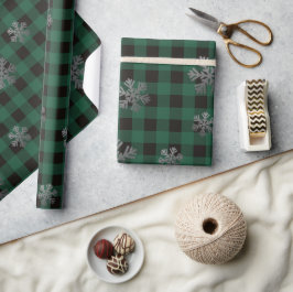 Green Buffalo Kariert und Glitzer Schneeflocken Geschenkpapier