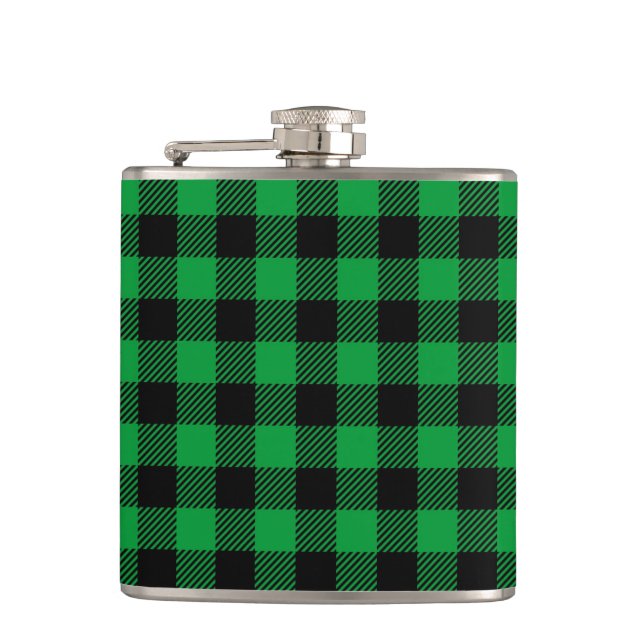 Green Buffalo Kariert Vinyl Wrapped Flask Flachmann (Vorderseite)
