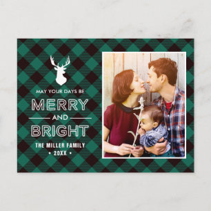 Green Buffalo Plaid Merry Bright Holiday Photo Postkarte