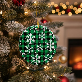 Green Buffalo Plaid Snowflake Keramik Ornament
