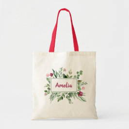 Green Burgundy Floral Leaf Leaves Girly Eco Name Tragetasche