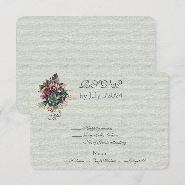 Green Burgundy Floral Wedding Bouquet RSVP Karte (Vorne/Hinten)