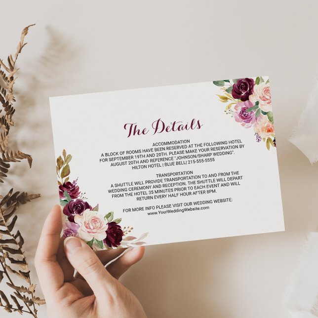 Green Burgundy Floral Wedding Details Beilage Kart Einladung (Von Creator hochgeladen)