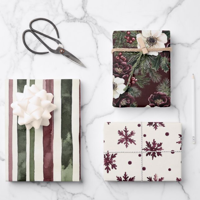 Green Burgundy Red Stripes Floral Christmas Geschenkpapier Set (Vorderseite)