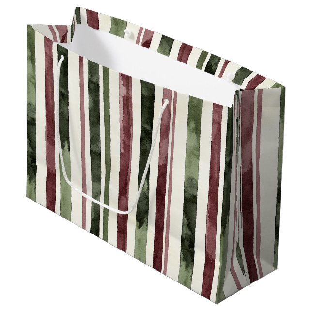 Green Burgundy Stripes Weihnachten Große Geschenktüte (Vorderseite Schrägansicht)