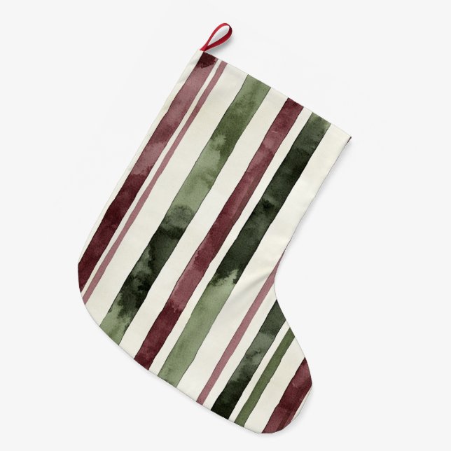 Green Burgundy Stripes Weihnachten Großer Weihnachtsstrumpf (Vorderansicht (hängend))