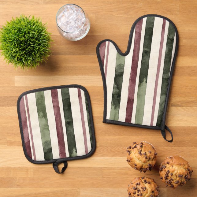Green Burgundy Stripes Weihnachten Ofenhandschuh & Topflappen-Set (Oben Unten)