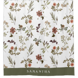 Green Burgundy Wildflower Monogram Name Duschvorhang