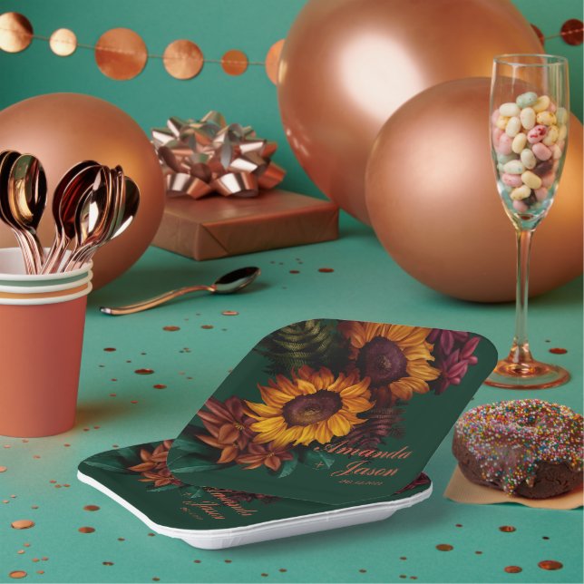 Green Burnt Orange Floral Wedding Party Pappteller (Multi)