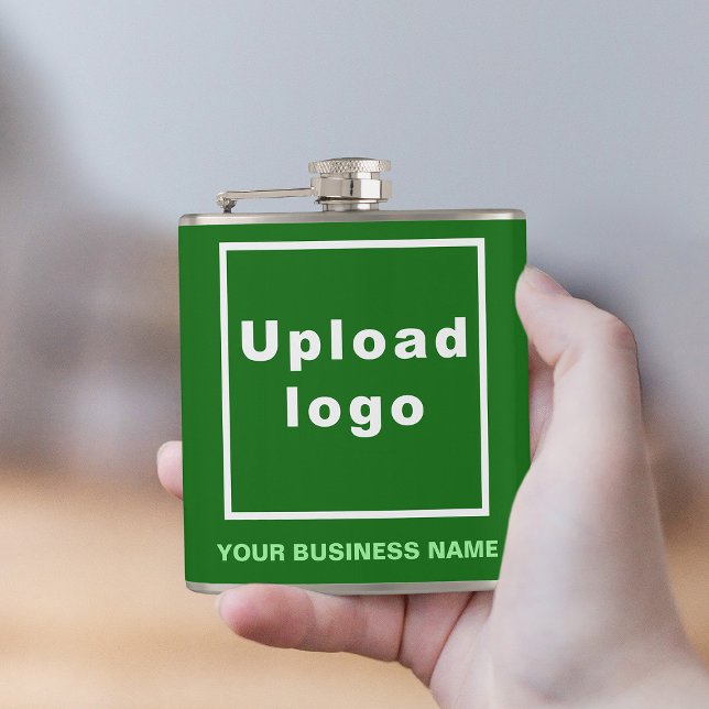 Green Business Brand auf Vinyl Wrapped Flask Flachmann (Your business name and logo on green vinyl wrapped flask.)