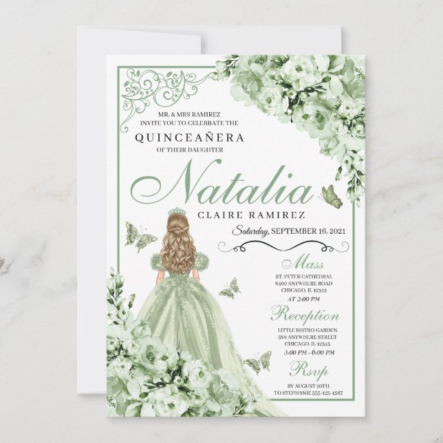 Green Butterfly Floral Tiara Princess Quinceanera Einladung (Vorderseite)