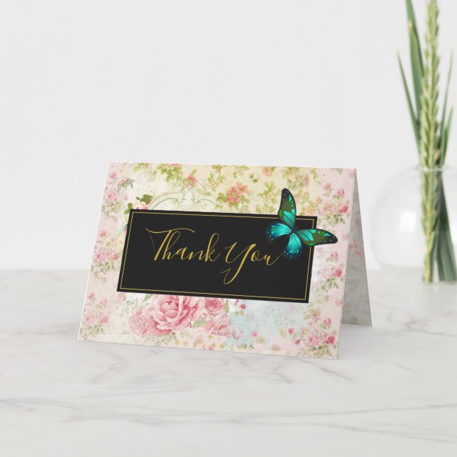 Green Butterfly on Chic Vintag Collage Danke (Vorderseite)