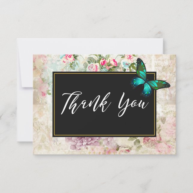 Green Butterfly on Pink Roses Collage Danke (Vorderseite)