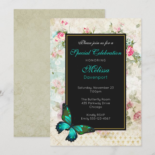 Green Butterfly on Pink Roses Collage Event Einlad Einladung (Vorne/Hinten)
