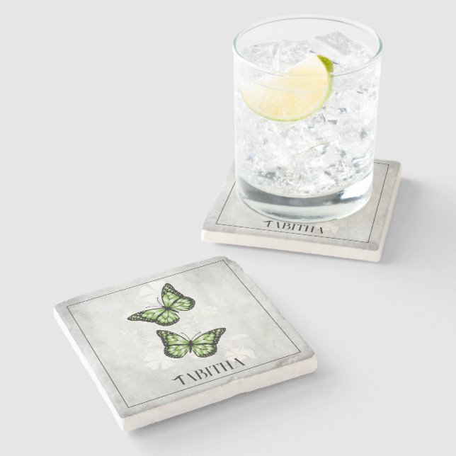 Green Butterfly Personalisiert Stone Untersetzer (Seitenansicht)