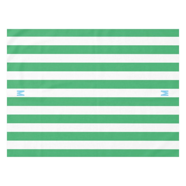 Green Cabana Strip & Personalisiert Blue Monogram Tischdecke (Vorderseite (Horizontal))
