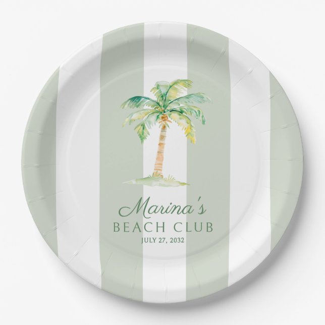 Green Cabana Stripes Palm Beach Club Birthday Pappteller (Vorderseite)