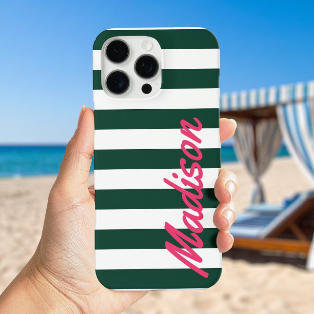 Green Cabana Stripes Retro Monogram iPhone 16 Pro Max Hülle (Von Creator hochgeladen)