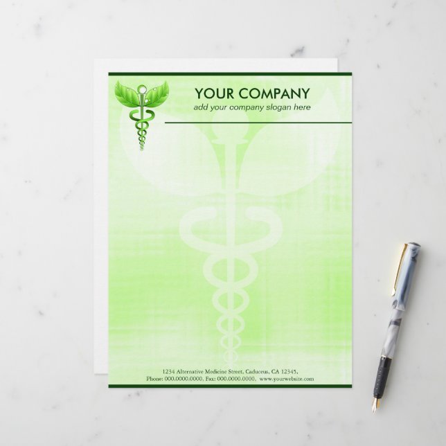Green Caduceus Alternative Medicine Symbol Briefkopf (Vorderseite/Rückseite Beispiel)