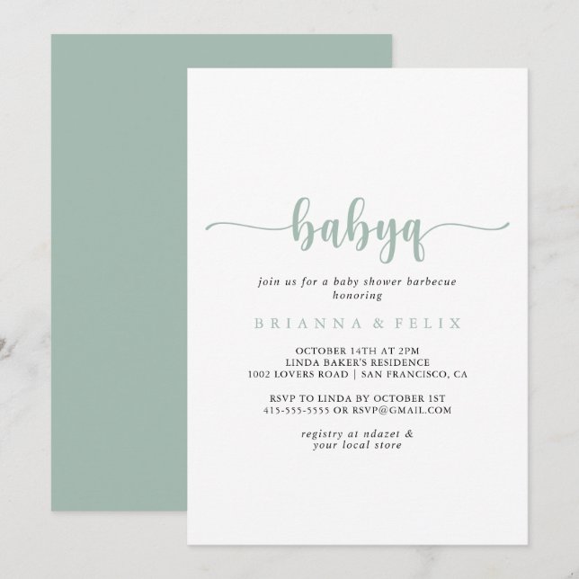 Green Calligraphy BabyQ Baby Shower Barbecue Einladung (Vorne/Hinten)