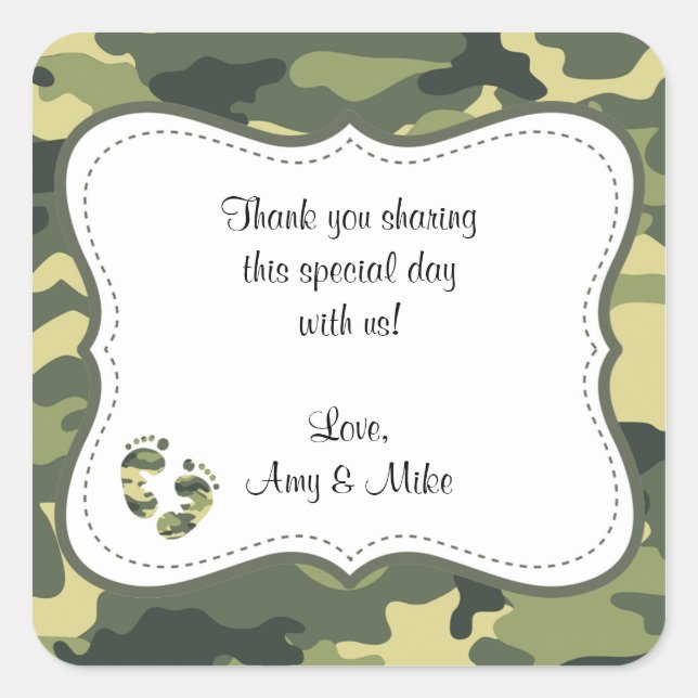Green Camouflage Baby Dusche Gefallen Etikett mit  Quadratischer Aufkleber (Vorderseite)