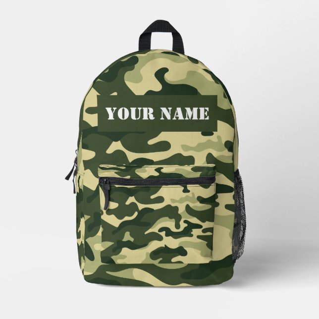 Green Camouflage camo Custom Name Printed Backpack Bedruckter Rucksack (Vorderseite)