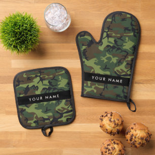 Green Camouflage Muster, Ihr Name, Personalisieren Ofenhandschuh & Topflappen-Set