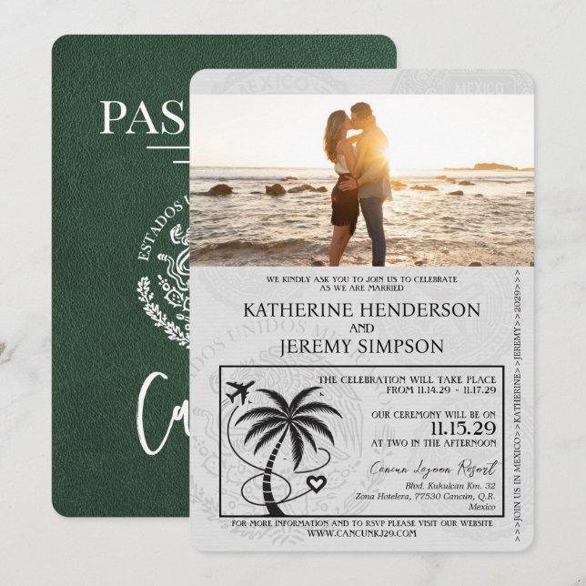 Green Cancun Passport Hochzeit Einladung (Vorne/Hinten)