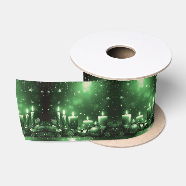 Green Candles Christmas Satin Ribbon Satinband (Spule)