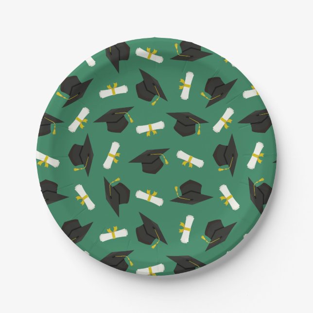 Green Caps Diplomas Pattern Graduation Party Pappteller (Vorderseite)