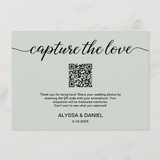 Green Capture the Liebe QR Code Hochzeit Foto Akti Begleitkarte (Vorderseite)