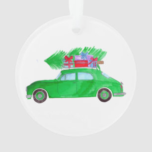 Green Car mit Weihnachtsgeschenken Wasserfarbe Ornament