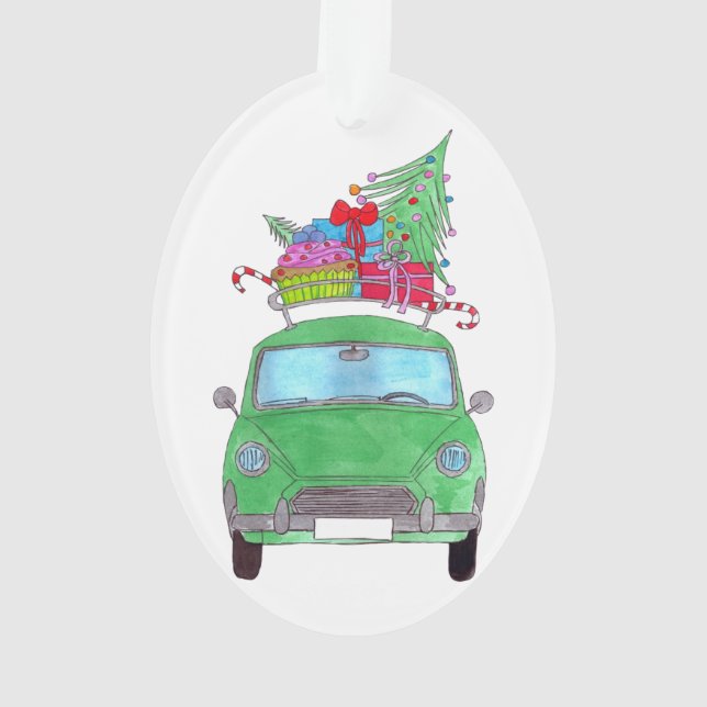 Green Car mit Weihnachtsgeschenken Wasserfarbe Ornament (Rückseite)