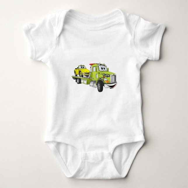 Green Cartoon Flatbed Tow Truck Baby Strampler (Vorderseite)
