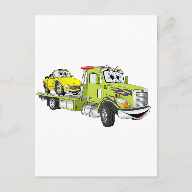 Green Cartoon Flatbed Tow Truck Postkarte (Vorderseite)