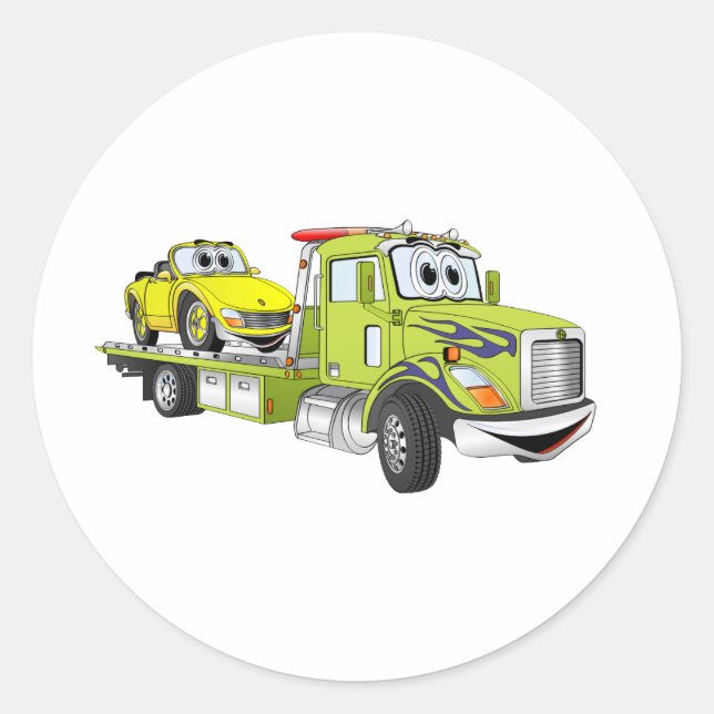 Green Cartoon Flatbed Tow Truck Runder Aufkleber (Vorderseite)