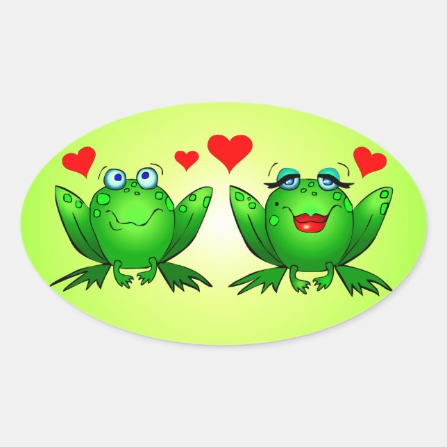 Green Cartoon Frogs Niedlich Rote Liebe Herz Ovaler Aufkleber (Vorderseite)
