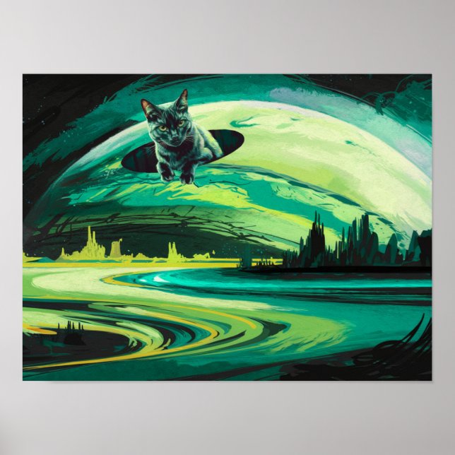 Green Cat Weiße Planet Wormhole Poster Print Art (Vorne)