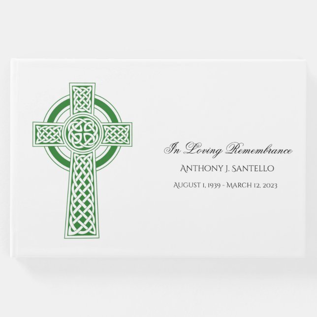Green Celtic Cross Irish Memorial Beerdigung Gästebuch (Vorderseite)