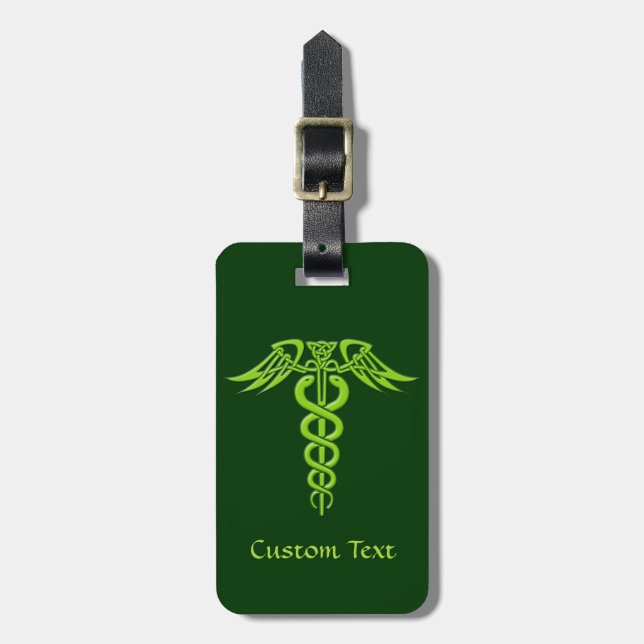 Green Celtic Knot Caduceus Gepäckanhänger (Vorderseite vertikal)