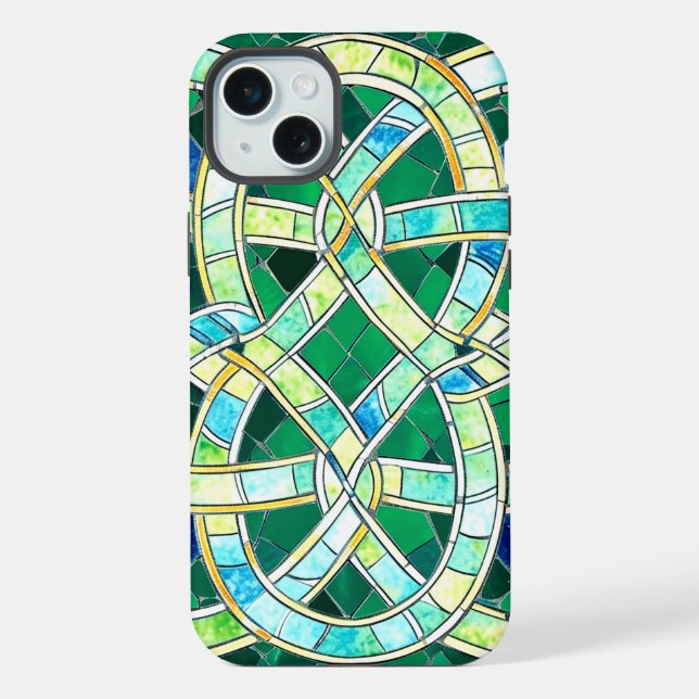 Green Celtic Knot Stone Mosaik iPhone 15 Plus Hülle (Rückseite)