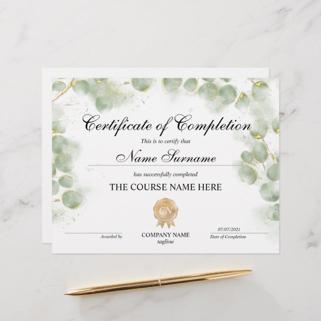 Green Certificate of Completion Award Course (Vorderseite/Rückseite Beispiel)