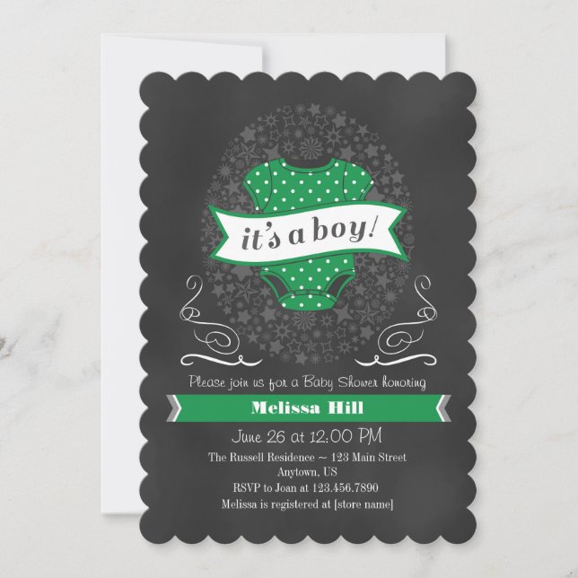 Green Chalkboard Boy Baby Dusche einladen Einladung (Vorderseite)