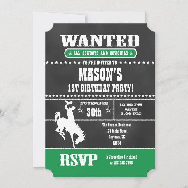 Green Chalkboard Cowboy Invitation d'anniversaire (Devant)